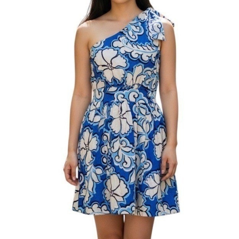 MEET ME IN SANTORI Azure Bloom Floral One Shoulder Cutout Mini Dress Size Small